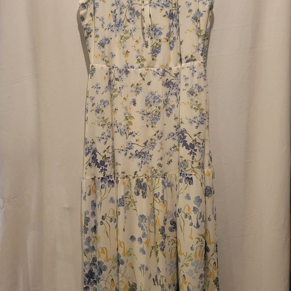 Ralph Lauren Cream and Blue Pleated Tiered Maxi Dress